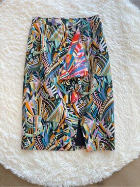 Colorful Abstract Print Pencil Skirt with Front Ruffle
